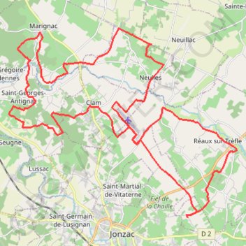 Itinéraire Jonzac 2 46kms, distance, dénivelé, altitude, carte, profil, trace GPS