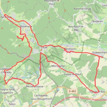 Itinéraire Guewenheim - Rougement - Niederbruck - Guewenheim, distance, dénivelé, altitude, carte, profil, trace GPS