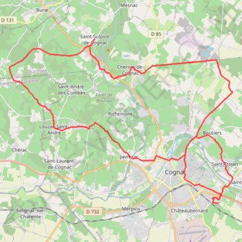 Itinéraire Boucle Sud-Est de Val-de-Cognac — 49km, distance, dénivelé, altitude, carte, profil, trace GPS