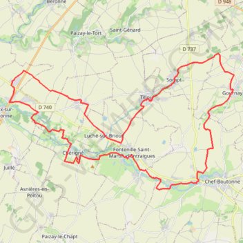 Itinéraire Chef-Boutonne 44 kms, distance, dénivelé, altitude, carte, profil, trace GPS