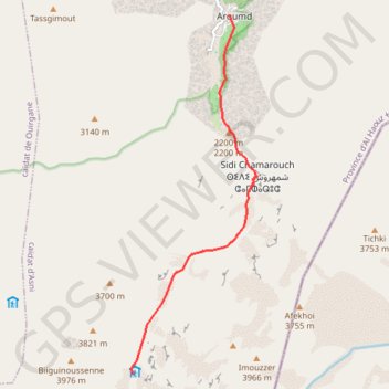 Itinéraire Maroc - Haut Atlas - Jontée au refuge du Toubkal, distance, dénivelé, altitude, carte, profil, trace GPS