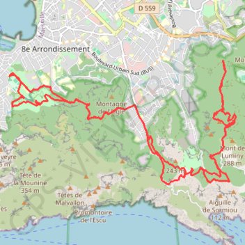 Itinéraire Les Calanques - Campagne Pastré (Marseille), distance, dénivelé, altitude, carte, profil, trace GPS