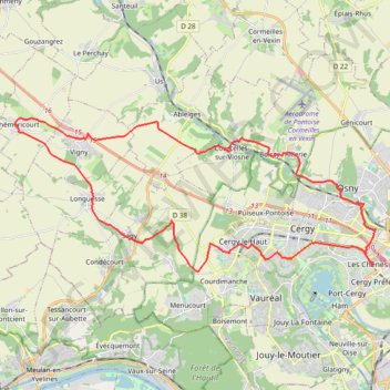 Itinéraire Cergy-Théméricourt-Cergy, distance, dénivelé, altitude, carte, profil, trace GPS