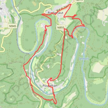 Itinéraire Rochehaut - Frahan - Poupehan - Échelles - Rochehaut, distance, dénivelé, altitude, carte, profil, trace GPS
