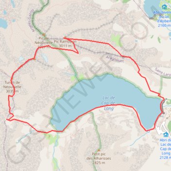 Itinéraire Turon de Néouvielle et Trois Conseillers par hourquette de Bugarret, Ramougn depuis Cap de Long, distance, dénivelé, altitude, carte, profil, trace GPS