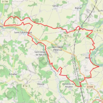 Itinéraire Rouillac Marsac 45 kms, distance, dénivelé, altitude, carte, profil, trace GPS