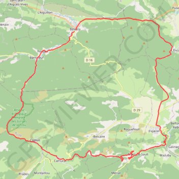 Itinéraire Boucle route Bélesta, distance, dénivelé, altitude, carte, profil, trace GPS