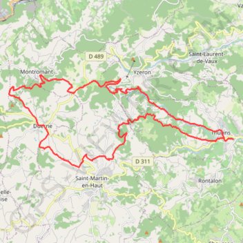 Itinéraire Thurins - Crêt de la Poipe - Saint Martin - Crêt des Fayes - Duerne - Montronant - Col des brosses - Barrage Thurins, distance, dénivelé, altitude, carte, profil, trace GPS
