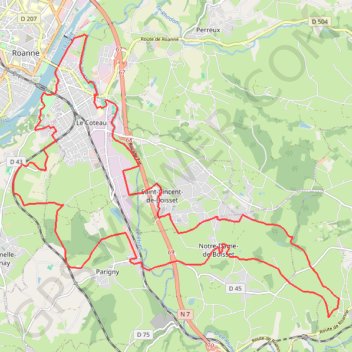 Itinéraire Des rives du Rhins aux terres de Boisset - Le Coteau, distance, dénivelé, altitude, carte, profil, trace GPS