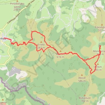 Itinéraire Mondarrain depuis Ainhoa, distance, dénivelé, altitude, carte, profil, trace GPS