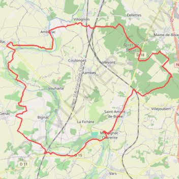 Itinéraire Montignac Charente par Genac 47 kms, distance, dénivelé, altitude, carte, profil, trace GPS