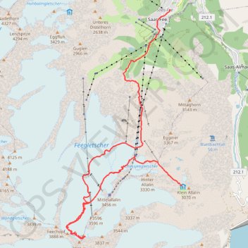 Itinéraire Allalinhorn, distance, dénivelé, altitude, carte, profil, trace GPS
