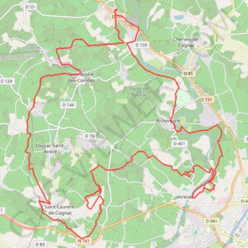 Itinéraire St Sulpice vers St Laurent Cognac 39 kms, distance, dénivelé, altitude, carte, profil, trace GPS