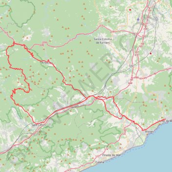 Itinéraire Lloret-Hostalric-Mosqueroles-Santa fe-Arbucies-Lloret, distance, dénivelé, altitude, carte, profil, trace GPS