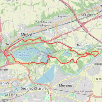 Itinéraire Lac de Miribel - Vaulx-en-Velin, distance, dénivelé, altitude, carte, profil, trace GPS