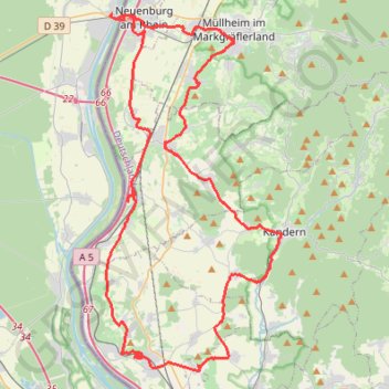 Itinéraire Chalampé - Müllheim - Kandern - Fischingen - Chalampé, distance, dénivelé, altitude, carte, profil, trace GPS