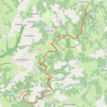Itinéraire T01.0-Eymouthiers à Roussines, distance, dénivelé, altitude, carte, profil, trace GPS
