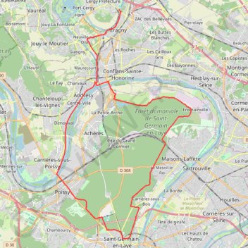 Itinéraire Cora - Saint Germain - Poissy - Andrésy, distance, dénivelé, altitude, carte, profil, trace GPS