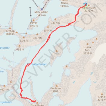 Itinéraire Strahlhorn, distance, dénivelé, altitude, carte, profil, trace GPS
