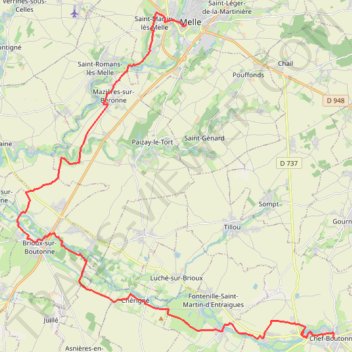 Itinéraire Melle-Chef-Boutonne, distance, dénivelé, altitude, carte, profil, trace GPS