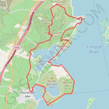 Itinéraire PEYRIAC BAGES long, distance, dénivelé, altitude, carte, profil, trace GPS