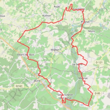Itinéraire St Sulpice vers Courcerac (route) 42 kms, distance, dénivelé, altitude, carte, profil, trace GPS