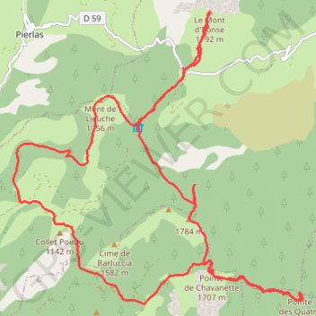 Itinéraire 6 sommets (Mont de Lieuche - Pointe de la Chavanette - Pointe des 4 cantons - Mont Fracha - Brec d'Ilonse - Le Mont) depuis le Col de la Sinne, distance, dénivelé, altitude, carte, profil, trace GPS