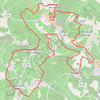 Itinéraire St Sulpice Louzac Cherves 33 kms le10.4.2022, distance, dénivelé, altitude, carte, profil, trace GPS