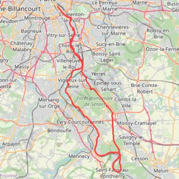 Itinéraire Boucle Sénart - Ponthierry - Berges de Seine, distance, dénivelé, altitude, carte, profil, trace GPS