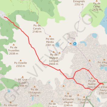 Itinéraire Pics d'Étang Faury et d'Esquine d'Ase depuis Mérens, distance, dénivelé, altitude, carte, profil, trace GPS