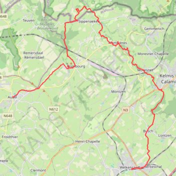 Itinéraire Aubel, Hombourg, Plombières, Moresnet, Welkenraedt, distance, dénivelé, altitude, carte, profil, trace GPS