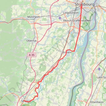 Itinéraire 1. Strasbourg - Sélestat, distance, dénivelé, altitude, carte, profil, trace GPS