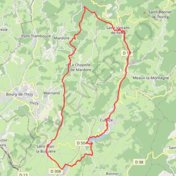 Itinéraire Lac des Sapins, sur les crêtes entre Saint-Jean-la-Bussière et Saint-Vincent-de-Reins - Cublize, distance, dénivelé, altitude, carte, profil, trace GPS