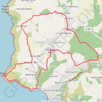 Itinéraire Autour de Trédrez, distance, dénivelé, altitude, carte, profil, trace GPS