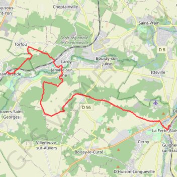 Itinéraire De Chamarande à la Ferté Alais, distance, dénivelé, altitude, carte, profil, trace GPS