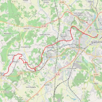 Itinéraire Angoulème / Châteauneuf-sur-Charente, distance, dénivelé, altitude, carte, profil, trace GPS