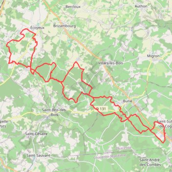 Itinéraire St Sulpice vers Ecoyeux 46 kms n°2, distance, dénivelé, altitude, carte, profil, trace GPS
