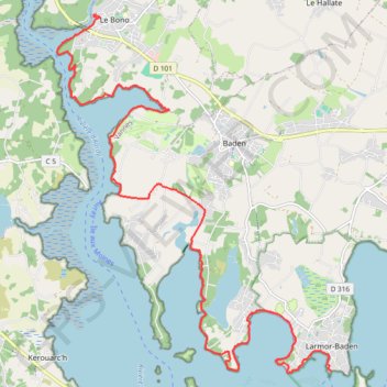 Itinéraire Le Bono-Larmor Baden, distance, dénivelé, altitude, carte, profil, trace GPS