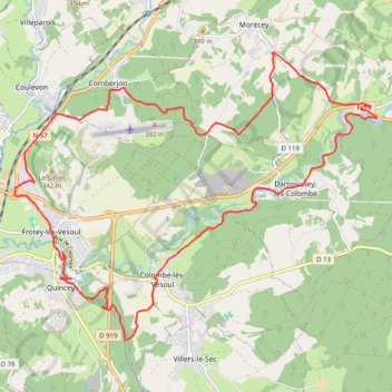 Itinéraire Frotey-lès-Vesoul - Montcey - Calmoutier - Colombe-lès-Vesoul, distance, dénivelé, altitude, carte, profil, trace GPS