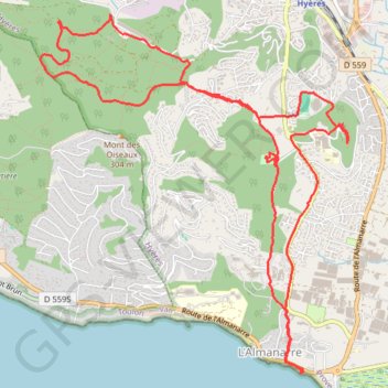 Itinéraire HYERES-De Costebelle à la plage de l'Almanarre, distance, dénivelé, altitude, carte, profil, trace GPS