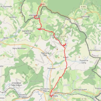 Itinéraire Orval - Avioth - Montmédy, distance, dénivelé, altitude, carte, profil, trace GPS