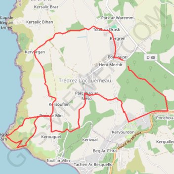 Itinéraire Les Quatre Chemins - Beg ar Forn par Kervorgan, distance, dénivelé, altitude, carte, profil, trace GPS
