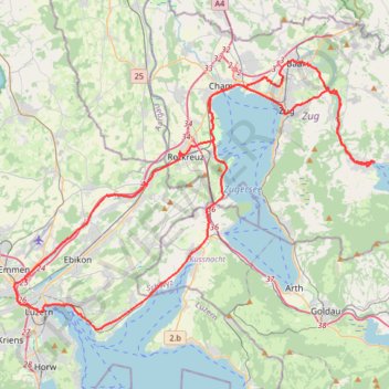 Itinéraire Suisse centrale, Unterägeri - Lucerne, distance, dénivelé, altitude, carte, profil, trace GPS