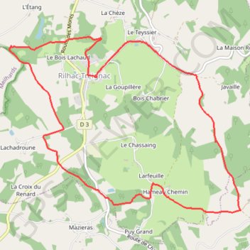 Itinéraire Rilhac-Treignac, entre Vézère et Bradascou, distance, dénivelé, altitude, carte, profil, trace GPS