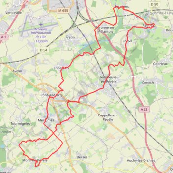 Itinéraire Sur les traces des batailles de Bouvines et Mons-en-Pévèle, distance, dénivelé, altitude, carte, profil, trace GPS