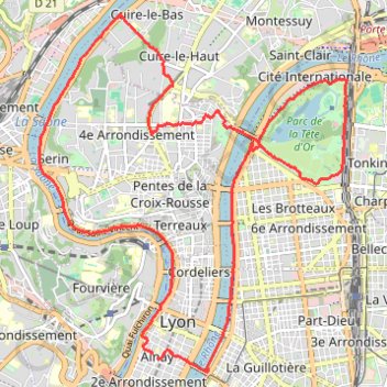 Itinéraire Rhone Croix Rousse Cuire Saone, distance, dénivelé, altitude, carte, profil, trace GPS