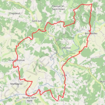 Itinéraire Bourdeilles/gd brassac/montagrier/tocane, distance, dénivelé, altitude, carte, profil, trace GPS
