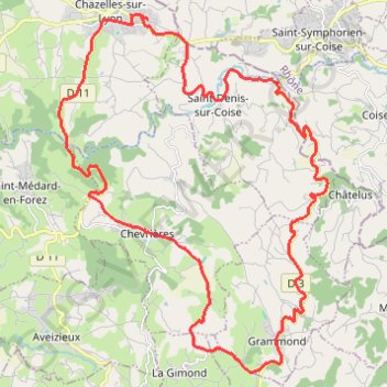 Itinéraire Montée Grammond départ Chazelles-sur-Lyon, distance, dénivelé, altitude, carte, profil, trace GPS