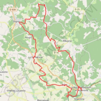 Itinéraire Rochebeaucourt et Argentine 39 kms, distance, dénivelé, altitude, carte, profil, trace GPS
