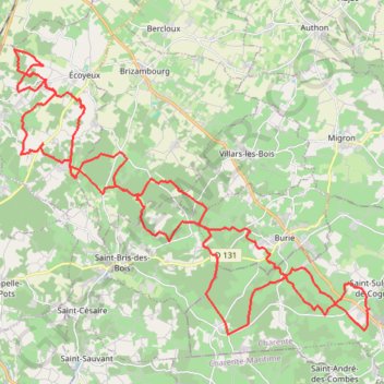 Itinéraire St Sulpice vers Ecoyeux BIS 53 kms pour 48 kms, distance, dénivelé, altitude, carte, profil, trace GPS